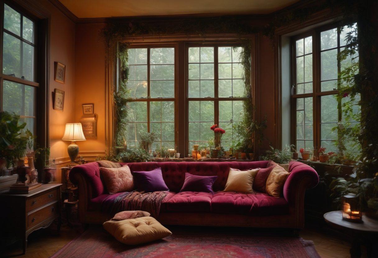 An enchanting scene depicting a cozy, softly-lit room filled with luxurious textiles, shimmering candlelight, and plush cushions. In the foreground, a couple is playfully engaged in watching sensual videos on a vintage projector, exuding warmth and intimacy. Lush greenery frames the windows, creating a serene atmosphere. The color palette includes rich reds, soft golds, and deep purples to evoke romance and pleasure. dreamy and romantic. vibrant colors. soft focus.