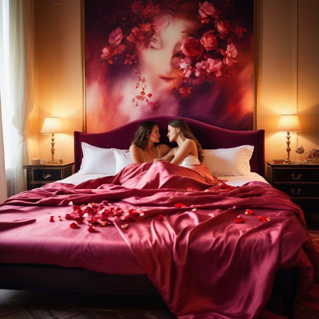 A sensuous and inviting scene featuring soft candlelight illuminating an elegant, plush bedroom filled with rich textures and deep colors. Subtle hints of eroticism are portrayed through silk sheets and delicate rose petals scattered on the bed, while a silhouette of a couple is seen sharing an intimate moment in the background. The atmosphere is warm and passionate, invoking feelings of desire and romance. painterly style. vibrant colors. soft focus.