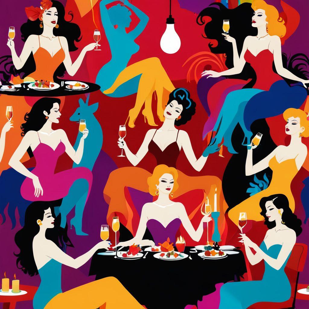 A vibrant collage displaying the evolution of adult entertainment, featuring romantic candlelit dinner scenes, playful burlesque dancers, and abstract representations of joyful expressions. Incorporate elements of luxury, humor, and allure, blending warm and bold colors to capture the spectrum of emotions. Make the background dynamic and lively, symbolizing the journey from romance to risqué. vector art. vibrant colors. bold patterns.